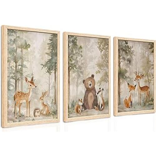 ICHZUMW Woodland Nursery Decor Wall Art Set of 3, Cute Forest Friend Animal Canvas Prints Bear Fox Deer Pictures, Nature Watercolor Paintings, Baby Room Kids Bedroom Playroom, Neutral Artwork 16x24in