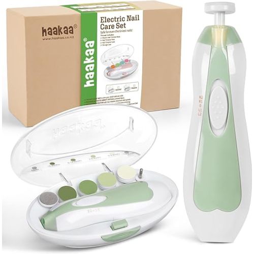 haakaa Baby Nail File Electric Baby Nail Care Set with LED Light, Baby Nail Clippers for Newborn/Infants/Adults Toenails and Fingernails, 6 Replacement Heads & Storage Case, Green