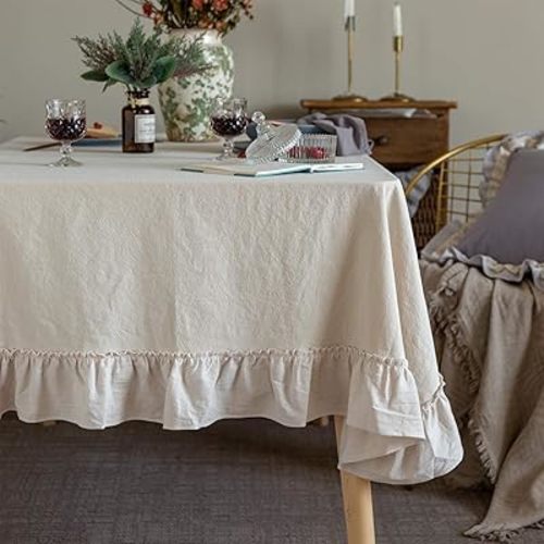 GLORY SEASON Retro Farmhouse Ruffle Tablecloth Cotton Flounces Trim Washable Table Cover Tablecloths for Rectangle Table Baby Shower Kitchen Party Wedding Decor,60''x120''