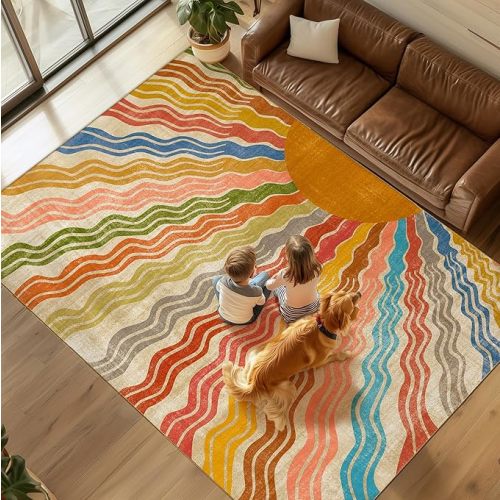 Washable 5x7 Colorful Rainbow Sun Retro Boho Modern Area Rug for Livingroom | Kids Sunshine Soft Low Pile Lightweight Ultra Thin Non-Slip Indoor Large Carpet Mat for Kitchen Bedroom Clasroom Play Room