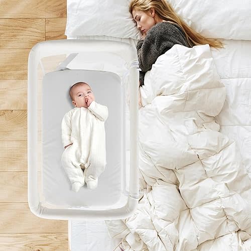 INFANS Baby Bedside Bassinet, Over-Bed Baby Bassinet with Adjustable Height, Safe Close Sleeping, Storage, Lowering Wall for Easy Access, Newborn Girls Boys Aged 6-18 Months (White)