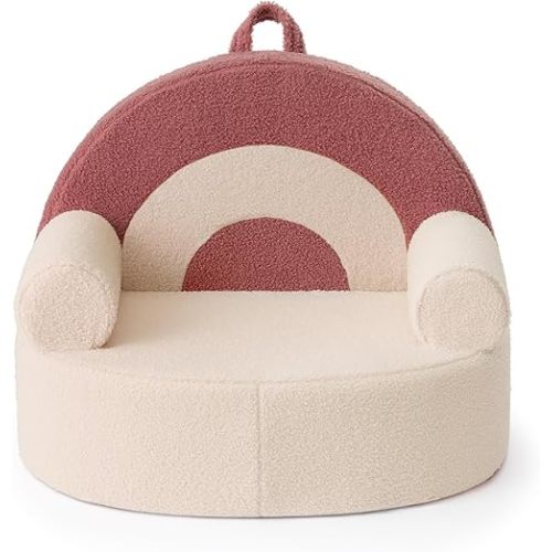 Blissful Diary Toddler Chair Comfy, Foam Kids Chair with Soft Teddy Plush, Toddler Reading Armchair with Cute Rainbow Designs- Light Cream