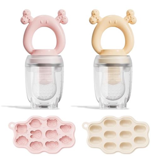 Baby Food Feeder/Fruit Feeder Pacifier Nibbler (2 Pack), Infant Teething Toy Teether and Breastmilk Popsicle Molds, Baby Food Freezer Tray Storage Containers for Infant Self Feeding Toddler & Teething - Pink+Nude