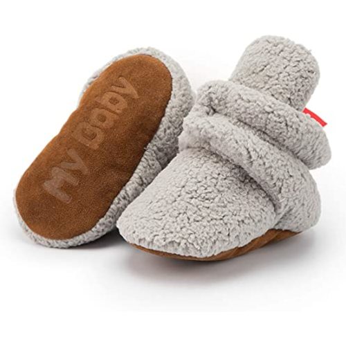 Babelvit Newborn Baby Boy Girl Soft Fleece Booties Stay On Infant Slippers Socks Shoe Non Skid Gripper Toddler First Walkers Winter Ankle Crib Shoes