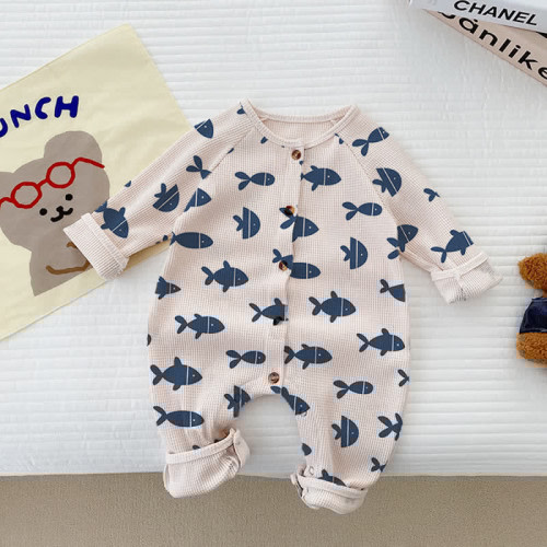 Baby Blue Fish Beige Waffle Romper