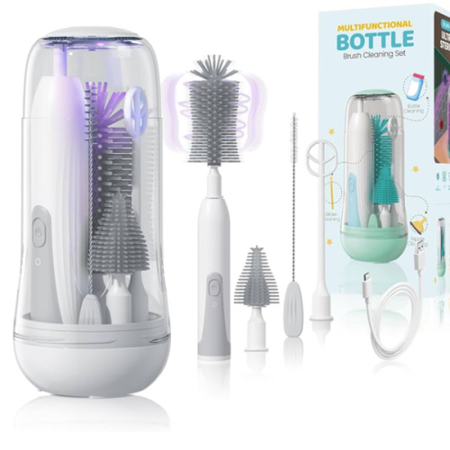 IvyWind Electric Travel Baby Bottle Brush Set with Storage Box, Automatic Bottle Cleaner Brush Kit with Silicone Bottle/Nipple/Straw Brush, Milk Frother Electric and Drainage Rack, Rechargeable, Gray