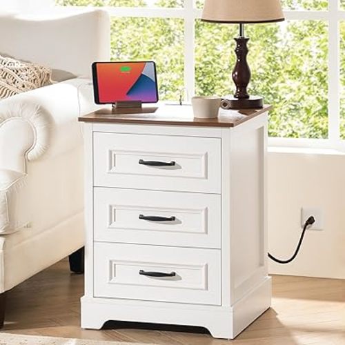 Farmhouse Nightstand with Charging Station, Wood Night Stand with 3 Drawers, Bedside Table, Nightstands with Storage, Rustic Night Stands for Bedroom, Closet, 18" Wide, 24" Tall