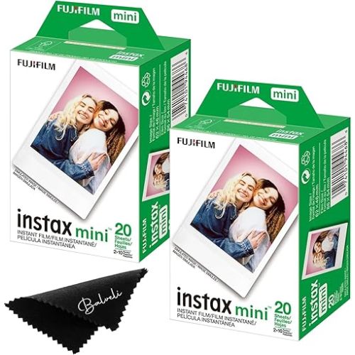 Fujifilm Instax Mini Film Two Instax Film Twin Packs - 40 EXP Total, ISO 800, Compatible with Instax Mini Evo, Instax Mini 12 Film, Instax Mini 11 Film, Mini 9-Balveli Cloth- Fuji Instant Film Mini.