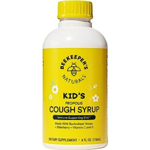 Beekeeper's Naturals Propolis Honey Cough Syrup Daytime for Kids Immune Support with Elderberry, Vitamin C, Vitamin D & Raw Honey - Throat Soothing - Gluten Free & Clean Ingredients, 4 oz.