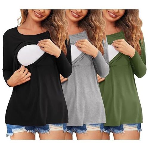 Ekouaer Women 3 Packs Nursing Shirts Long Sleeve Breastfeeding Tops Round Neck Postpartum Double Layer Maternity Tee Light Grey/Black/Army Green M