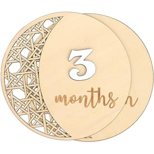 Baby Monthly Milestone, Wooden Baby Milestone Signs, Monthly Milestone Wood Discs, Baby Milestone Discs, Baby Photo Props Cards Interchangeable Number Set of 12 for Baby Growth Recording (Moon)