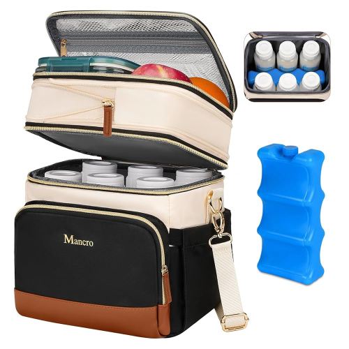 Mancro Expandable Breast Milk Cooler Travel Bag with Ice Pack, Double Layer Baby Bottle Bag Fits 6 Bottles Up to 9 Ounce, Breastmilk Cooler Bag with Shoulder Strap for Nursing Moms & Daycare