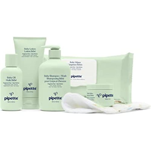 Pipette Baby Essentials Kit - Gender Neutral Baby Gift Set, Hypoallergenic, Petroleum & Fragrance Free, Natural Hydrating Plant-Derived Squalane, 6-Pieces