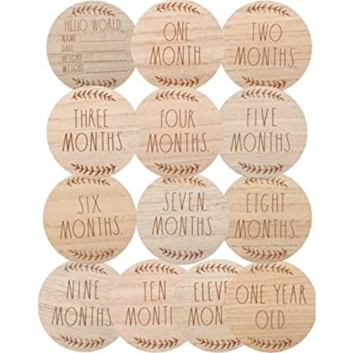 Rae Dunn 13 Baby Milestone Plaques - Wooden Baby Monthly Milestone Props for Newborn Boy or Girl - First Year Baby Signs for Photo Shoot Photography Prop - Track The First 12 Months of Life