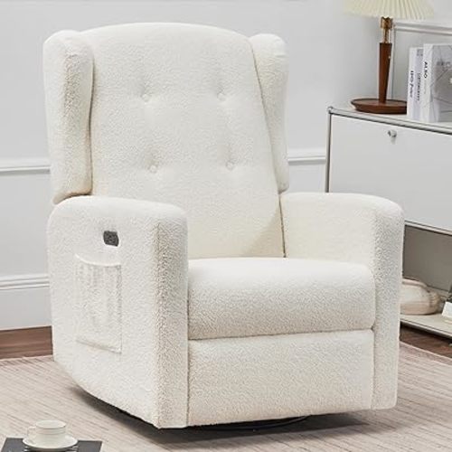 Power Swivel Rocking Recliner Chair, Electric Rocker Nursery Glider Chair, USB and Type-C Ports, Upholstered Teddy Fabric Reclining Single Sofa Chair for Living Room (Teddy Beige)