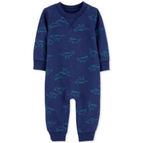 Baby Boys Dinosaur-Print Cotton French Terry Long-Sleeve Jumpsuit