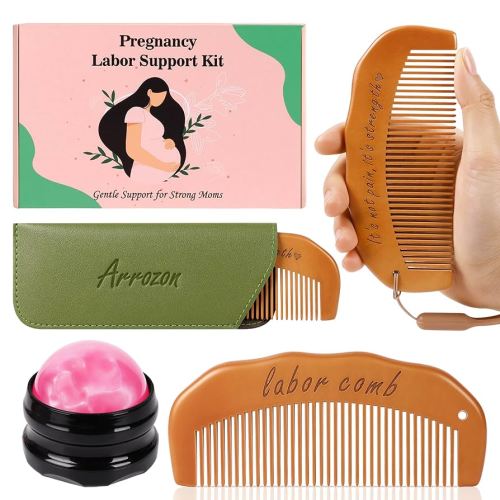 Arrozon 2 Pcs Labor Comb & Massage Roller Ball Kit, Birthing Comb Labor and Delivery Essentials, Birth comb Hospital Bag Essentials, Wooden Combs Baby Shower Gifts, Pain Relief Pregnancy Must Haves