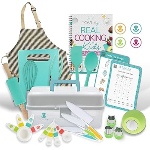 Tovla JR Kids Real Cooking and Baking Ultimate Gift Set | Montessori Kid-Safe Knives, Apron, Visual Cookbook, Timer, Storage Case & Tools | Premium Christmas & Birthday Gift for Girls & Boys