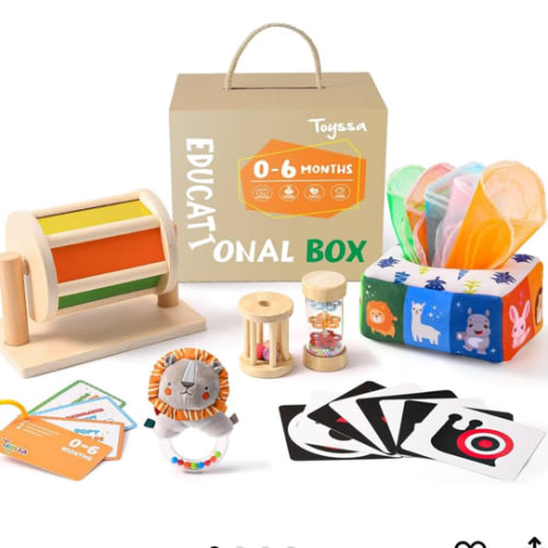 0-6 Months Montessori 6 in 1 Wooden Learning Educational Sensory Toys for Babies 0-6 Months with Spinning Drum, Tissue Toys, Baby Rattle, Flash Card - Perfect Birthday Gifts for Boys & Girls