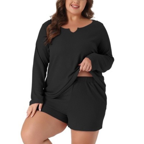 Agnes Orinda Women's Plus Size Waffle Solid Color Long Sleeve Comfortable 2 Pieces Pajama Sets Black 3X