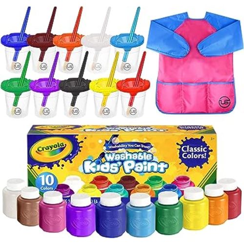 Washable Kids Paint 10 Colors, 10 No Spill Paint Cups For Kids With Lids, 10 Paint Brush Set, 1 Waterproof Kids Smock – Washable Paint Set For Kids Craft Project, Finger Painting Supplies Kit