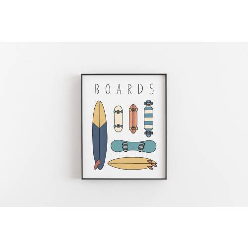 Boards Print - Surfboard, snowboard, skateboard, longboard poster, Colorful wall art, Kids room decor, Beach house decor, MAILED PRINT