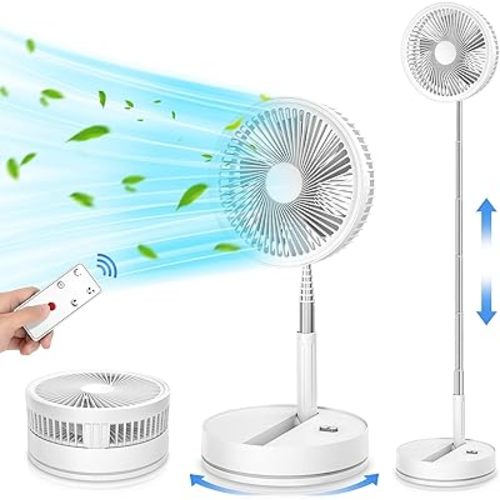 LIPETY 9" Portable Oscillating Standing Fan - 7200mAh Rechargeable Battery Foldable Desk Travel Camping Pedestal Fan, Stand Up Tall Floor Fan for Sleeping Bedroom Home
