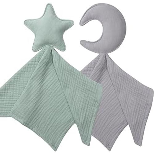 Organic Cotton Star & Moon Loveys Soft Breathable Newborn Security Blanket, Perfect Present for Baby Boy Girl, Neutral Muslin Fabric for Comfortable Sleep & Play, Ideal for Newborns, Toddlers