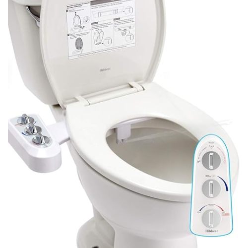 Hibbent Toilet Seat Bidet with Self Cleaning Dual Nozzle, Hot and Cold Water Spray Non-Electric Mechanical Bidet Toilet Attachment for Rear or Female Washing Sanitizing