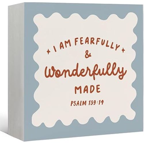 Christian Nursery Decor Wooden Box Sign, I Am Fearfully and Wonderfully Made Bible Verse Wood Block Signs, Inspirational Wood Box Signs for Kids Boys Room Bedroom Desk Shelf Decor, 5x5 Inch