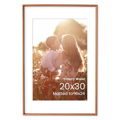 Acovy 20x30 Picture Frame, Solid Cherry Wood 20x30 Frame with mat for 16x24, Real HD Tempered Glass, for Wall Display, Wall Hook Included, Set of 1