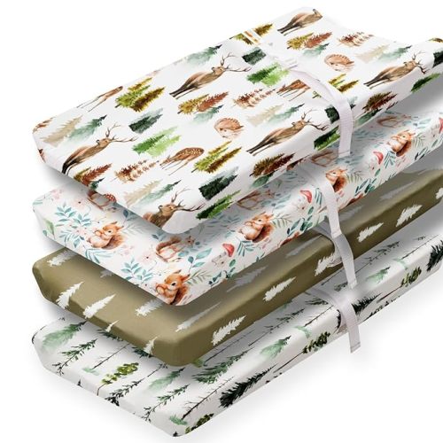 4 Pack Changing Pad Covers Woodland Forest Animals Wood Neutral Unisex Fitted Baby Changing Pad Cover Set for Baby Boys or Girls (Beer)