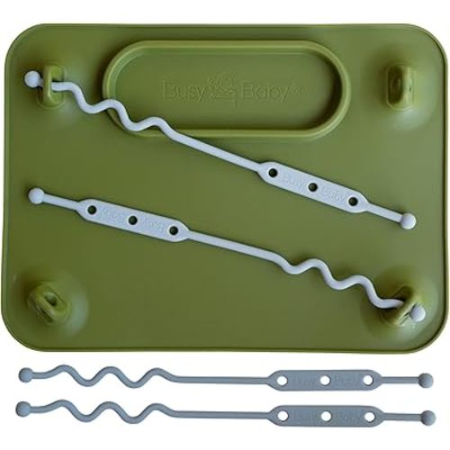 BUSY BABY Silicone Mat - Suction Cups, 4 Straps to Secure Baby Essentials, Self Feeding, Baby Led Weaning, Travel Sleeve Included (Olive)
