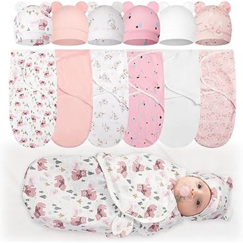 Ramede 6 Pack Baby Swaddle Blanket with Hats Sleep Swaddle for Preemie Newborn Sacks Soft Cotton Wearable for Baby Boy Girl Sleeping(Pink, Animal)