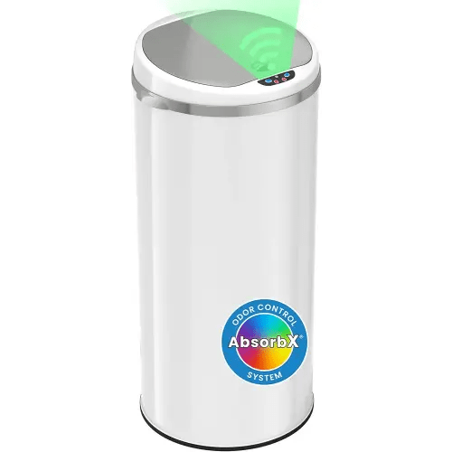 iTouchless 50 Liter / 13 Gallon Sensor Kitchen Trash Can with Odor Filter – Slim Round White Stainless Steel Automatic Garbage Recycling Bin for Home, Office, Business, Garage