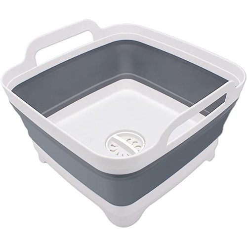 Goderewild 2.4 Gal(9L) Collapsible Dish Basin with Drain Plug, Space Saving Outdoor Multiuse Foldable Sink Tub, Dishpan, Kitchen Storage Tray for Camping, Vegetable Washing, RV - Grey-drain Plug