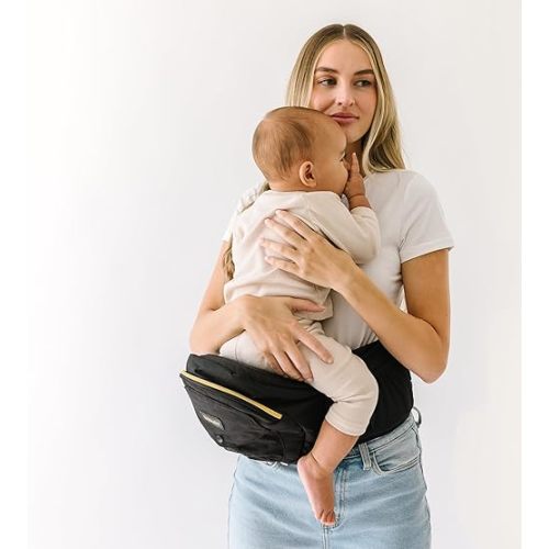 Tushbaby - Safety-Certified Hip Seat Baby Carrier - Mom’s Choice Award Winner, Seen on Shark Tank, Ergonomic Carrier & Extenders for Newborns & Toddlers (Carrier, Black/Gold)