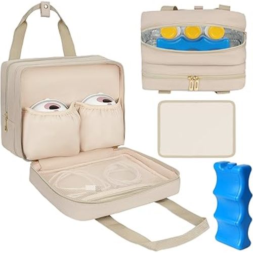 Breastmilk Cooler Travel Bag, Wearable Breast Pump Storage Bag Compatible with Momcozy/Medela/Elvie/Willow Breast Pump with Ice Pack and Waterproof Mat,Khaki