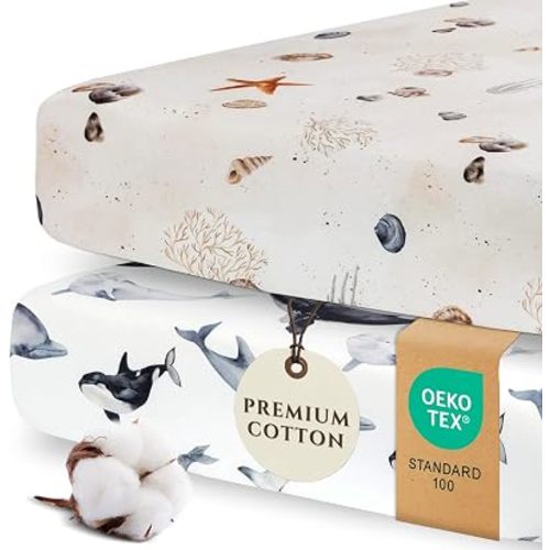 Pobibaby 2 Pack Fitted Crib Sheets for Boys - Premium Cotton Blend Baby Crib Sheet Set, Soft Breathable Toddler Bed Sheets for Standard Mattress, Baby Boy Nursery Bedding Set 52x28 (Seaside)