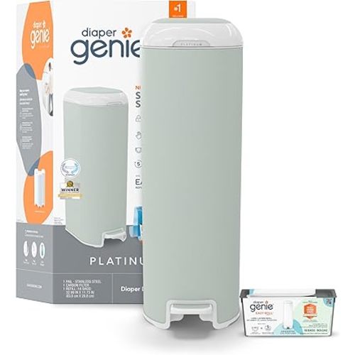 Diaper Genie Platinum Pail (Sage Green) is Made in Durable Stainless Steel and Includes 1 Easy Roll Refill with 18 Bags That can Last up to 5 Months.