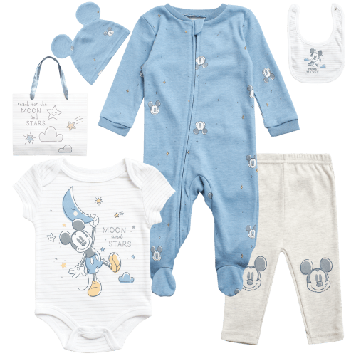 Disney Newborn Baby Layette Set - 6 Piece Disney Bodysuit Coveralls Sweatpants, Hat, Gift Bag (0-6M)