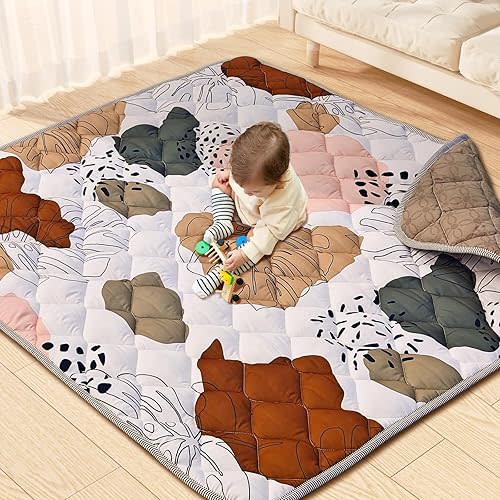 Soft Baby Play Mat - 50” x 50” Thick Foam Crawling Mat for Infants & Toddlers, Machine Washable, Non-Toxic, Non-Slip Bottom, Soft Padded Floor Mat for Playpen, Tummy Time & Boho Nursery Decor