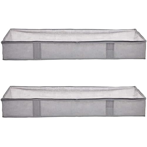 Amazon Basics Under Bed Fabric Zipper Blanket Storage Container Bags with Window and Handles, 2-Pack, 18 x 42 x 6 Inches, Gray