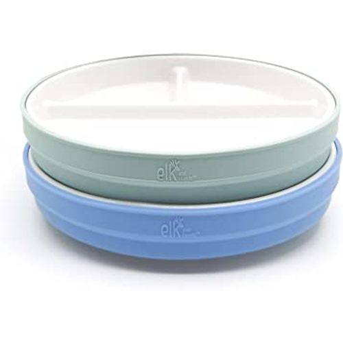 Elk and Friends Kids 6.7” Porcelain White Plates with Silicone Sleeves | Divided Plates | Suitable for Kids/Toddlers | Microwave & Dishwasher Safe | Non Slip | Snack Dishes