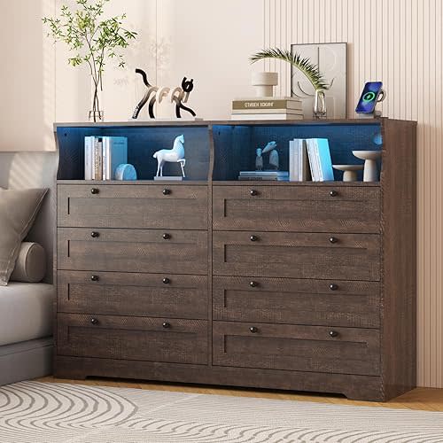 8 Drawers Wooden Dressers for Bedroom with LED Lights and Power Outlet, Large Solid Wood Dresser for Bedroom, Living Room, Hallway, Modern Wide Dressers TV Stand for 55" with Charging Station (Brown)