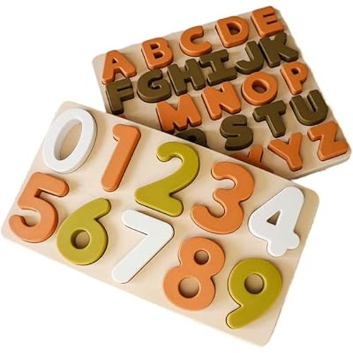 Silicone Puzzles Set: Numbers and Alphabet ABC Letter Puzzles for Toddlers, Educational Learning Toys for Toddlers, Alphabet Toys with Puzzle Board & Letter Blocks, Montessori (Tan Board)