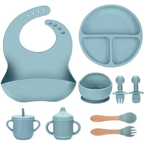 Silicone Baby Feeding Set 9 Pcs, Spill-Proof Suction Plate, Bowl, Bib, Silicone spoon&forks, Wooden Spoons&forks, Training cup with straw and Sippy Cup, Baby Eating Utensils (Blue)