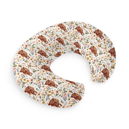 HawSkgFub Highland Cow Pink Floral Nursing Pillow Cover for Baby Girl, Boho Retro Flower Western Farm Animal Yak Breastfeeding Pillow Slipcover, Cow Lover Nursing Pillowcase Newborn Infant, Cover Only