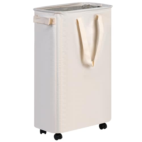 efluky Laundry Basket, Slim Laundry Basket with Wheels, Rolling Laundry Basket for Clothes, Small Laundry Basket for Bedroom, Dorm and Laundry Room, 48L (12.7 Gallons) Beige