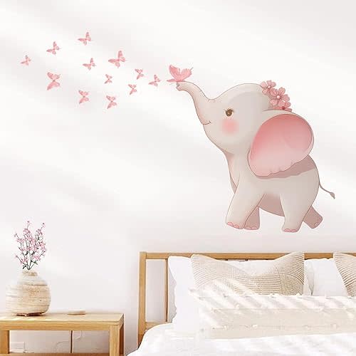 Cute Pink Cartoon Elephant Butterfly Wall Stickers Animal Self Adhesive Removable Wall Decals for Kids' Rooms Nursery Classroom